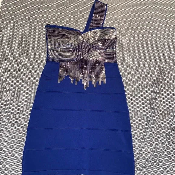 bebe | Dresses | Stunning One Shoulder Navy Blue Bandage Dress With Silver  Sequence Size Small | Poshmark